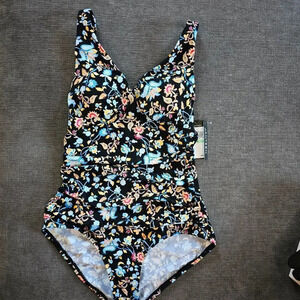 Jantzen Women's Black Floral Print V-Neck One Piece Swimsuit Size 8